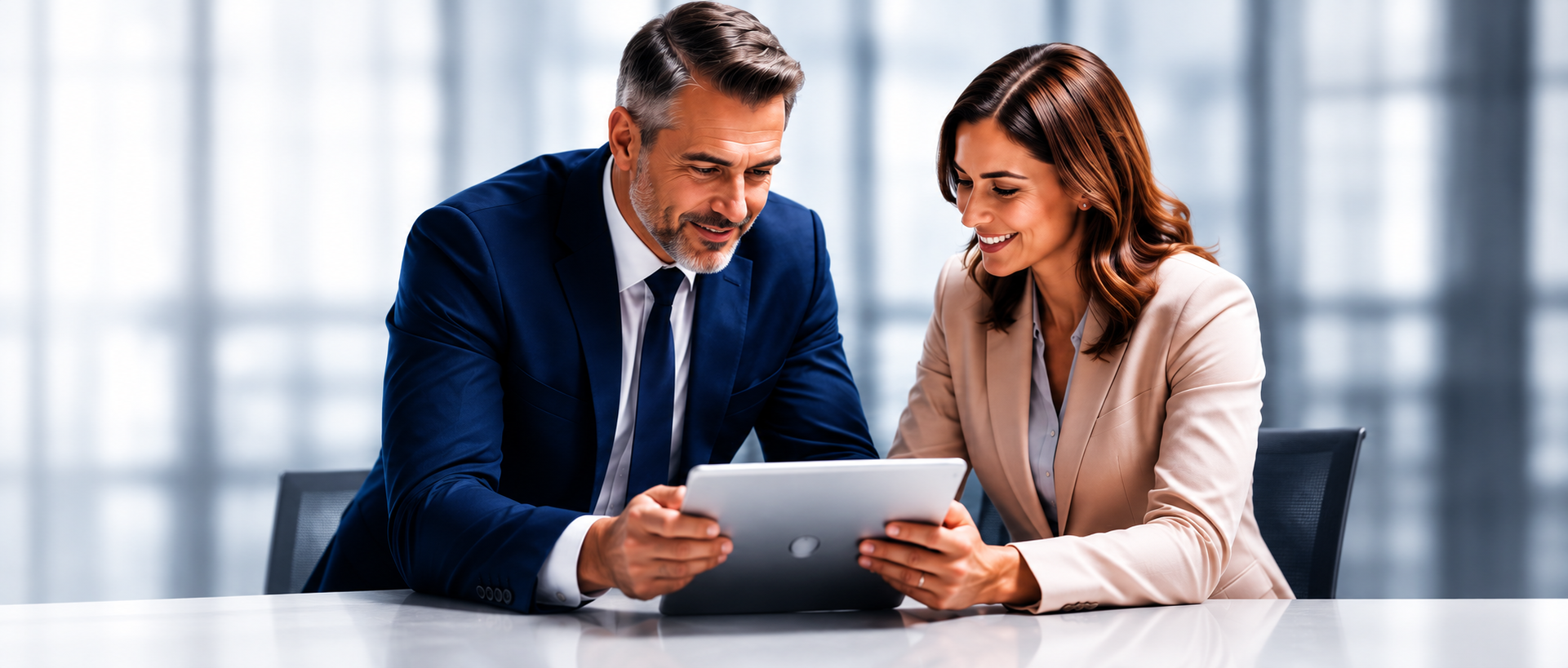 Two legal professionals reviewing information together on a tablet